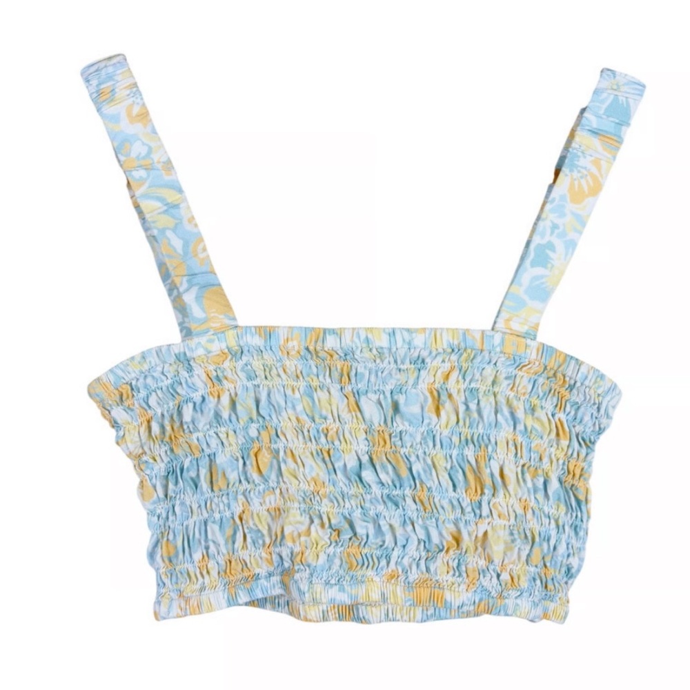 Rhythm Belize Blue and Yellow Floral Smocked Crop Top 🩵🌼